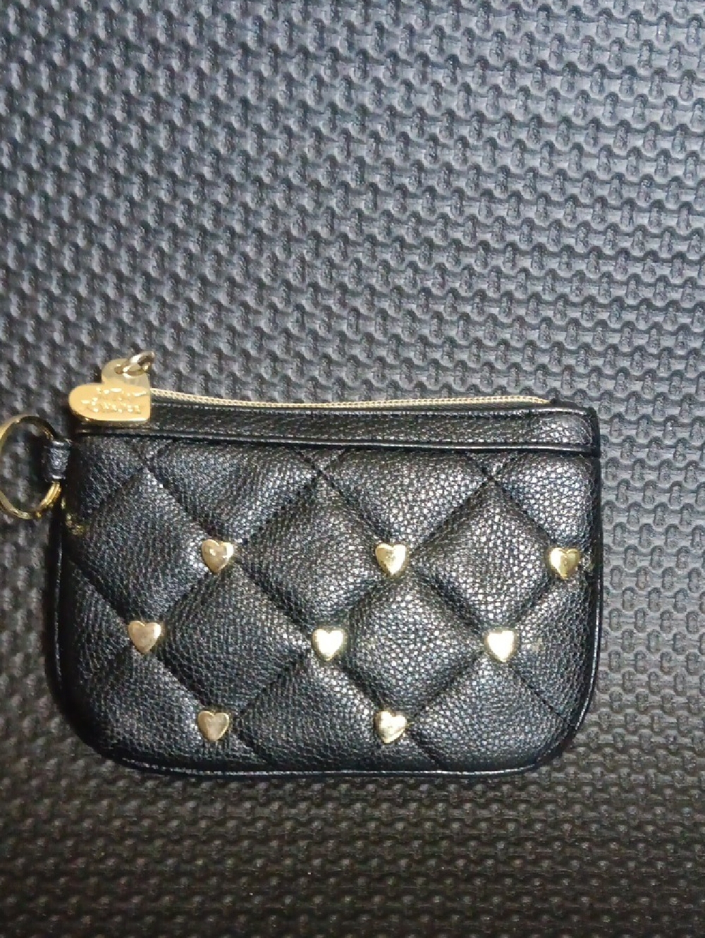 Black Quilted Wristlet Coin Pouch with Gold Heart Accents